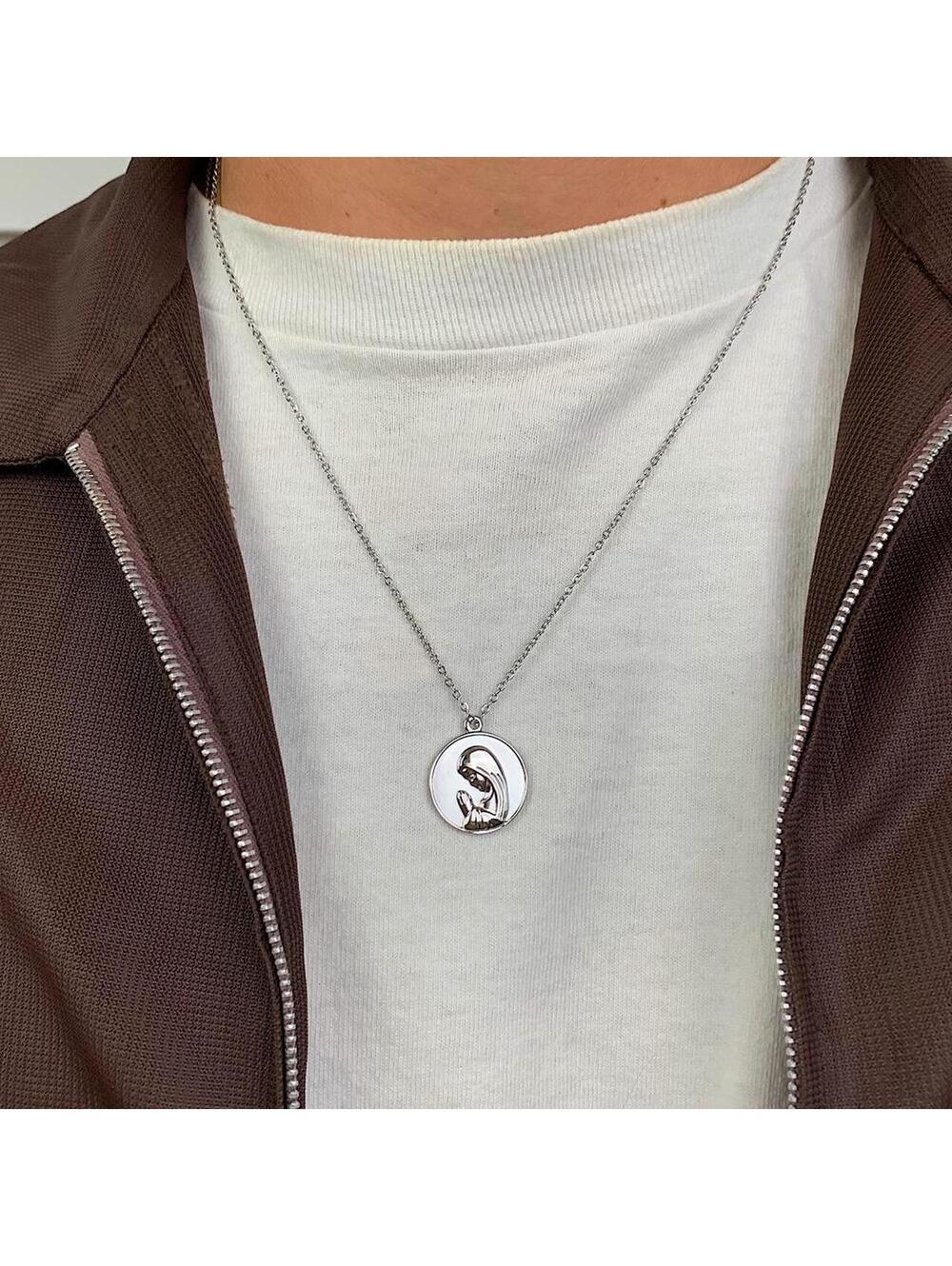 Vintage y2k style Saint Marry Circle pendant silver stainless steel necklace - Picture 4 of 8